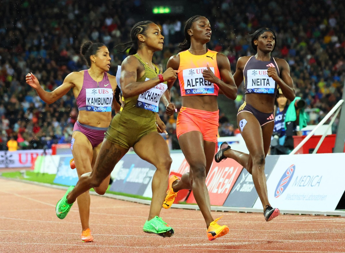 United States' Sha'Carri Richardson, Saint Lucia's Julien Alfred, Britain's Daryll Neita and Switzerland's Mujinga Kambundji in action during the women 100m at the Diamond League, Stadion Letzigrund, Zurich, Switzerland on Sept. 5, 2024.