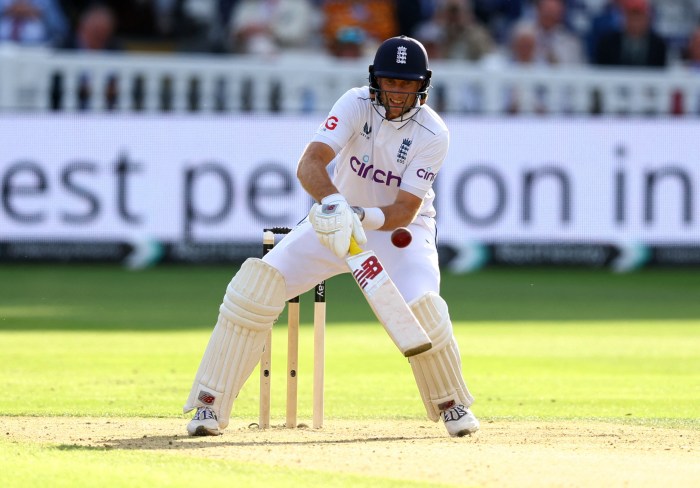 England's Joe Root in action as he plays a shot off the bowling of Sri Lanka's Milan Rathnayake before being caught out by Pathum Nissanka.