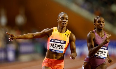 Saint Lucia's Julien Alfred wins the women's 100m final ahead of Britain's Dina Asher-Smith at the Diamond League, Brussels, King Baudouin Stadium, Brussels, Belgium on Sept. 13, 2024.