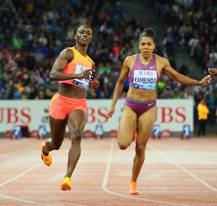 St. Lucia's Julien Alfred and Switzerland's Mujinga Kambundji in action during the women 100m at the Diamond League, Stadion Letzigrund, Zurich, Switzerland on Sept. 5, 2024.