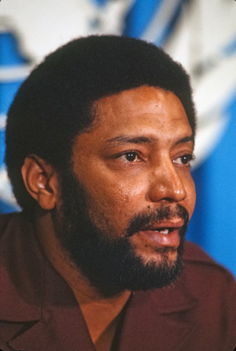 Close-up of Prime Minister of Grenada Maurice Bishop (1944 - 1983) during a press conference at the United Nations, New York, New York, late 1979.