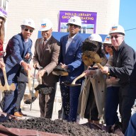 Mayor Eric Adams (third from left) broke ground on the major renovation of Queens Public Library’s Hollis Library.