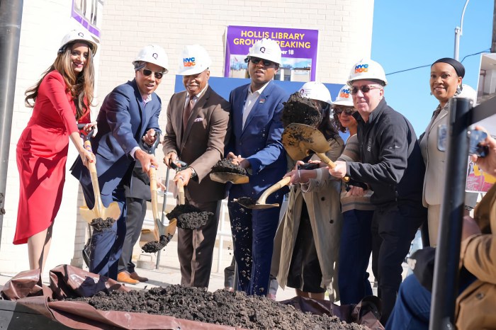 Mayor Eric Adams (third from left) broke ground on the major renovation of Queens Public Library’s Hollis Library.