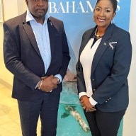 Mario Bowleg, The Bahamas minister of Youth Sports and Culture, and Latia Duncombe, the director general of the Bahamas Ministry of Tourism, Investments, and Aviation.