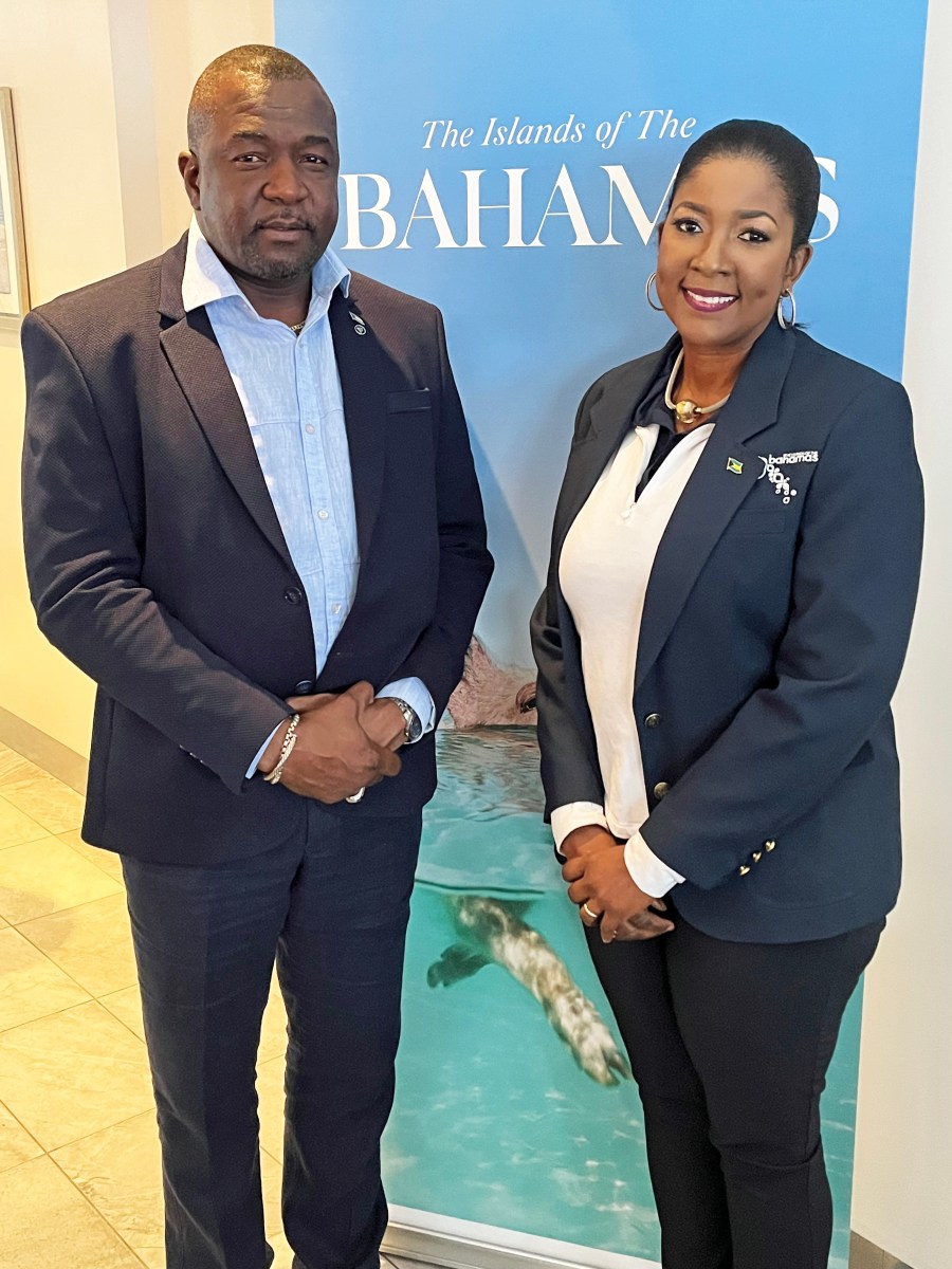 Mario Bowleg, The Bahamas minister of Youth Sports and Culture, and Latia Duncombe, the director general of the Bahamas Ministry of Tourism, Investments, and Aviation.