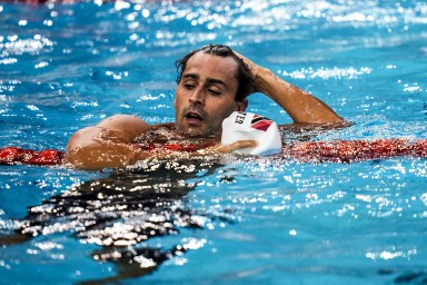 Dylan Carter of Trinidad and Tobago reacts after winning the Men's 50m Freestyle Final during day one of the World Aquatics Swimming World Cup 2024 Shanghai stop at Oriental Sports Center on Oct.18, 2024 in Shanghai, China.