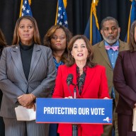 Gov. Kathy Hochul and Attorney General Letitia James provided an update on nonpartisan efforts to protect voting rights and public safety across New York State during the 2024 elections on Oct. 28. Photo courtesy