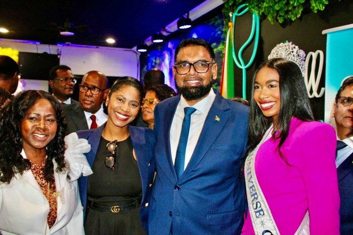 From left, Wendy Williams, Mrs. Blaze, grandmother and mother of Miss Universe Guyana 2024 Ariana Blaze (extreme right), gave President Irfaan Ali a warm welcome during a breakfast morning at Waterfall Lounge in Brooklyn on Sept. 25.