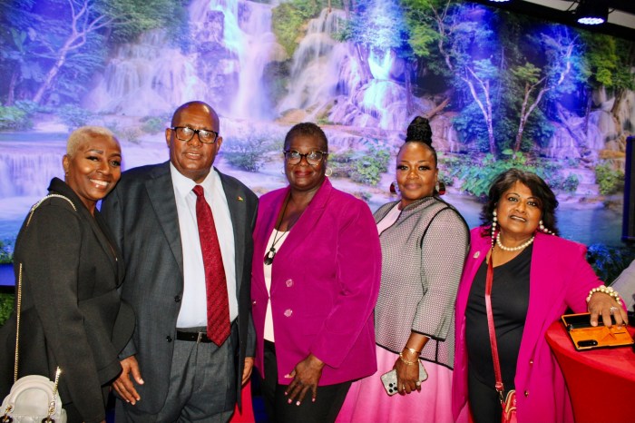 Hollis Barclay, Consul General Michael Brotherson, Senator Roxanne Persaud, Proprietress of Waterfall Lounge in Brooklyn, Doris Rodney, and Jenny Persaud, during a breakfast morning at the Waterfall Lounge, 470 Church Ave. to welcome President Irfaan Ali.