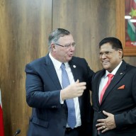 TotalEnergies CEO Patrick Pouyanne and Suriname's President Chan Santokhi embrace after France's TotalEnergies and U.S. APA Corp announced a positive investment decision for Suriname's most promising oil and gas project, Block 58, which is expected to inaugurate the nation's offshore output, in Paramaribo, Suriname Oct. 1, 2024.