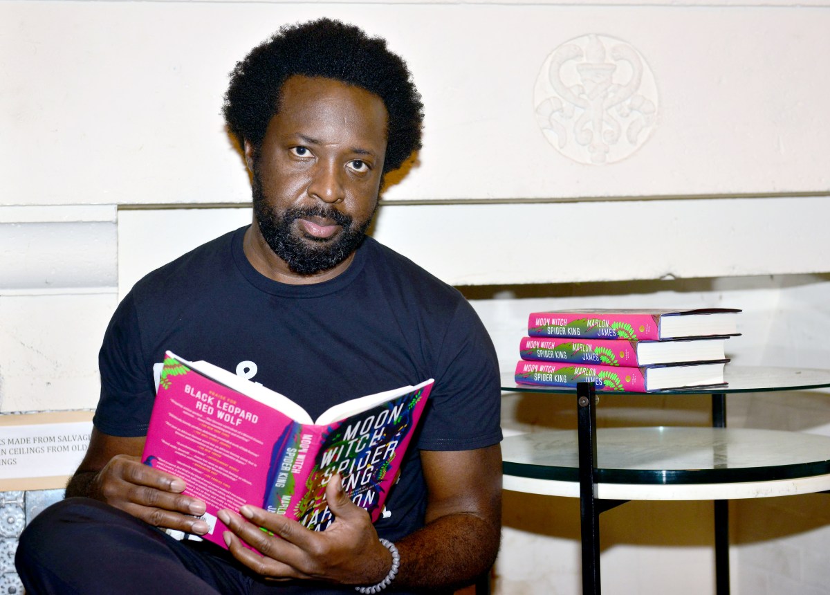 Author Marlon James poses for portrait during an evening conversation with Desiree C. Bailey moderated by William Johnson about James’s new book "Moon Witch Spider King" of the dark star trilogy and Bailey’s book "What Noise Against The Cane" at Books & Books on Feb. 19, 2022 in Coral Gables, Florida.