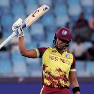 West Indies' Hayley Matthews celebrates after reaching her half-century during the Women's Cricket T20 World Cup match against England at the Dubai International Cricket Stadium, Dubai, United Arab Emirates on Oct. 15, 2024.