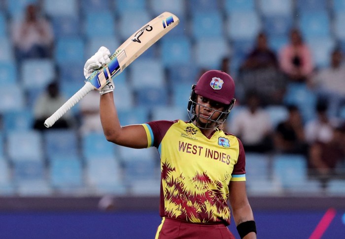 West Indies' Hayley Matthews celebrates after reaching her half-century during the Women's Cricket T20 World Cup match against England at the Dubai International Cricket Stadium, Dubai, United Arab Emirates on Oct. 15, 2024.