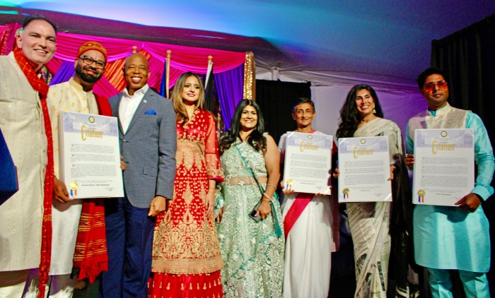 Diwali, which will be observed for the very first time as a school holiday on Thursday October 31, was celebrated by Mayor Eric Adams with the lighting of the Diya, a cultural presentation, and Citation honors. From left to right, are Deputy Commissioner, Mayor’s Office of International Affairs, Dilip Chauhan, Vijah Ramjattan, Mayor Eric Adams, Assembly Member Jenifer Rajkumar, South Asian Liaison, Community Affairs Unit, Sookranie Dhanpat, Acharya Leila Gossai, Sarina Jain, and Roni Mazumdar.