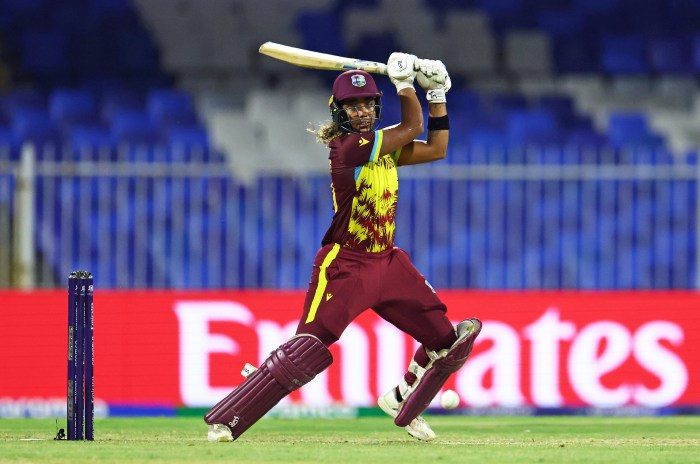 Hayley Matthews of West Indies bats during the ICC Women's T20 World Cup Semi-Final 2024 match between West Indies and New Zealand at Sharjah Cricket Stadium on October 18, 2024 in Sharjah, United Arab Emirates.