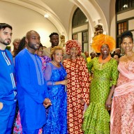 Nigerian-born, Nonya Anyadiegwu, creator of Noni Styles put on an exceptional 11th Annual fashion show at Major Owens Community Center, male models, left with emcee Sharon Gordon, and Nonya, fourth from left and other models wearing her designs.