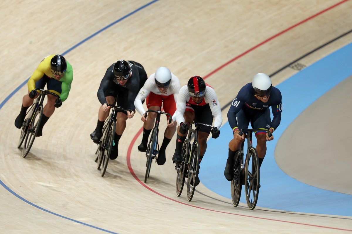 (L-R) Nicholas Paul of Team Trinidad And Tobago and Cristian David Ortega Fontalvo of Team Colombia compete during the Men's Keirin - First Round on day fifteen of the Olympic Games Paris 2024 at Saint-Quentin-en-Yvelines Velodrome on Aug. 10, 2024 in Paris, France.