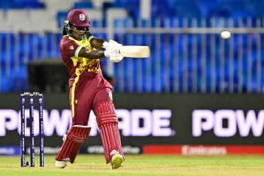 West Indies' Deandra Dottin plays a shot during the ICC Women's T20 World Cup cricket semi-final match between New Zealand and West Indies at the Sharjah Cricket Stadium in Sharjah on Oct. 18, 2024.