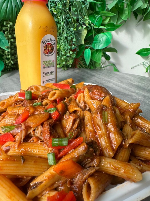 Stew chicken pasta, a customer favorite.