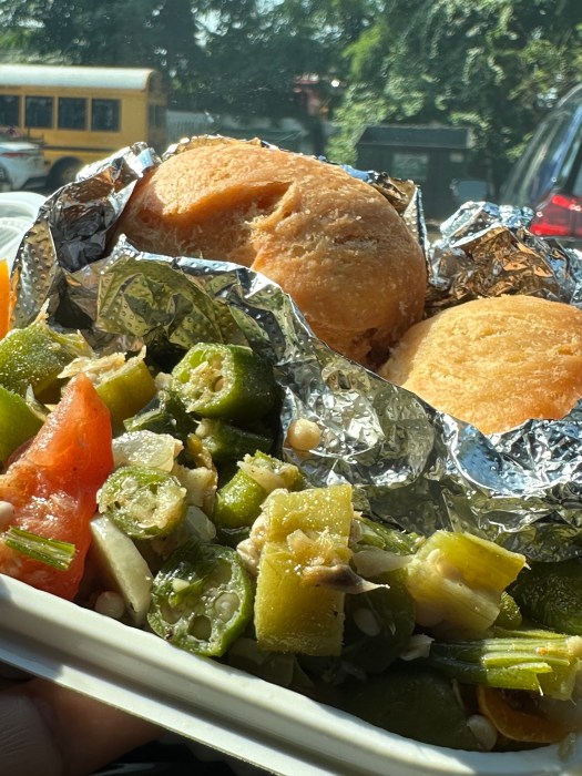 Fried dumplings with okra and saltfish.