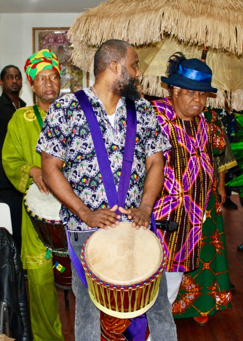 The Gathering drumming ensemble ushered elders into the Golden Palace Banquet Hall with a riveting celebration at the 14th Annual Community Salute in Queens on Oct.13. Trinidad & Tobago writer Glenda Cadogan, at right, founded the non-profit.