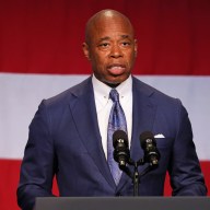 Mayor Eric Adams speaks at the Billie Holiday Theatre in Restoration Plaza on July 28, 2022 in the Bedford-Stuyvesant neighborhood of Brooklyn borough in New York City