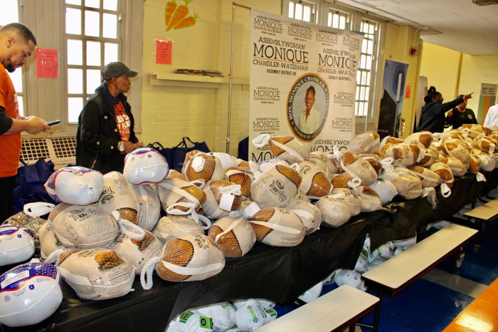 Donated turkeys lined a table before being distributed to the nearest at the Annual Harvesting Health & Harmony Thanksgiving event at PS 135, on Linden Blvd., Brooklyn, at PS 135 on Linden Boulevard, Brooklyn. Thanks to sponsors Assembly Member Monique Chandler Waterman, Busta Rhymes, Special ED, LinkNYC, NYC Public Schools Chancellor Melisa Ramos, IAMWONDAWOMAN, and others.