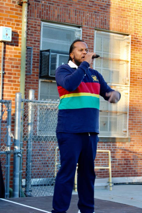 East Flatbush Rapper Edward Special Ed Archer during a performance at a musical celebration on the tarmac of PS 35 after the distribution of turkeys donated in Brooklyn on Nov. 23. Busta Rhymes donated the birds.