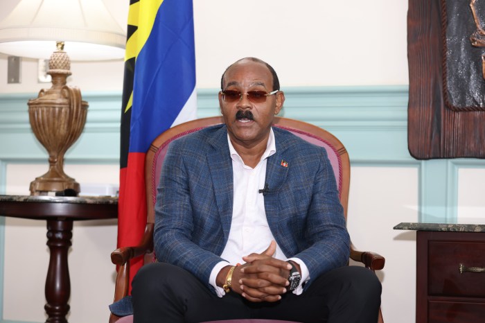 Antigua and Barbuda's Prime Minister Gaston Browne speaks during an interview with Xinhua in St. John's, capital of Antigua and Barbuda, Feb. 1, 2024.