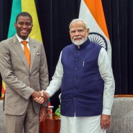 Prime Minister Narendra Modi meets Grenada Prime Minister Dickon Mitchell on the sidelines of the second India-CARICOM Summit, in Georgetown on Wednesday.