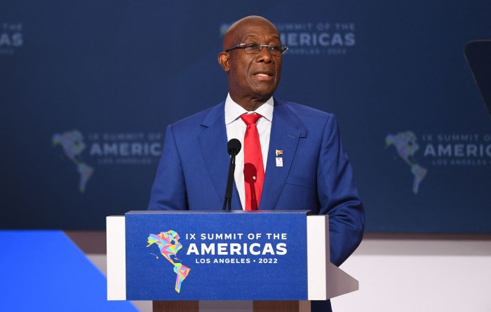 Keith Rowley, Trinidad and Tobago's Prime Minister, speaks during a plenary session of the 9th Summit of the Americas in Los Angeles, California, June 10, 2022.