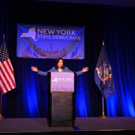 New York Governor Kathy Hochul speaks at the 2024 democrat breakfast.