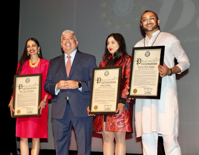 From left: Honoree, Acting Justice, Supreme Court, Hon. Raja Rajeswari, Brooklyn District Attorney Eric Gonzalez, Executive Director, Sakhi for South Asian Survivors, Kavita Mehra, and Senior Priest - Spiritual Leader Bhuvaneshwar Mandir, Inc, Acharya Arun Gossai, at the DA's Office second Diwali celebration on Oct. 23, at NYC College of Technology in Brooklyn.