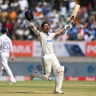 India batsman Yashasvi Jaiswal celebrates after reaching his double century during day four of the 3rd Test Match between India and England at Saurashtra Cricket Association Stadium on Feb. 18, 2024 in Rajkot, India.