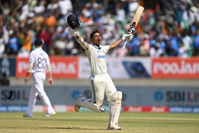 India batsman Yashasvi Jaiswal celebrates after reaching his double century during day four of the 3rd Test Match between India and England at Saurashtra Cricket Association Stadium on Feb. 18, 2024 in Rajkot, India.