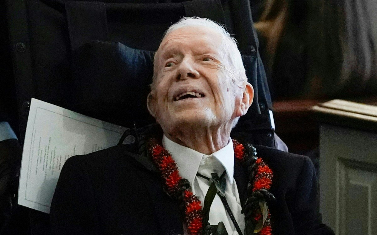 TOPSHOT - Former President Jimmy Carter departs after the funeral service for former first lady Rosalynn Carter at Maranatha Baptist Church, in Plains, Georgia, on November 29, 2023. Carter died on November 19, 2023, at the age of 96, just two days after joining her husband in hospice care at their house in Plains.