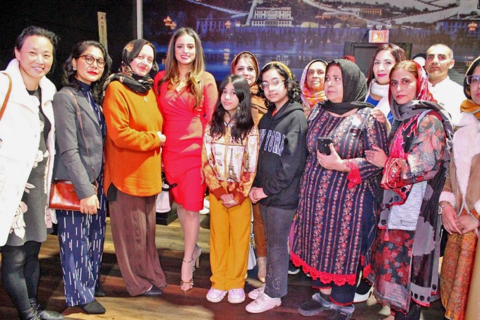 Candidate for NYC Comptroller Jenifer Rajkumar, fourth from left, with supporters at a campaign kickoff on Nov. 21 at the Palace in Woodside.