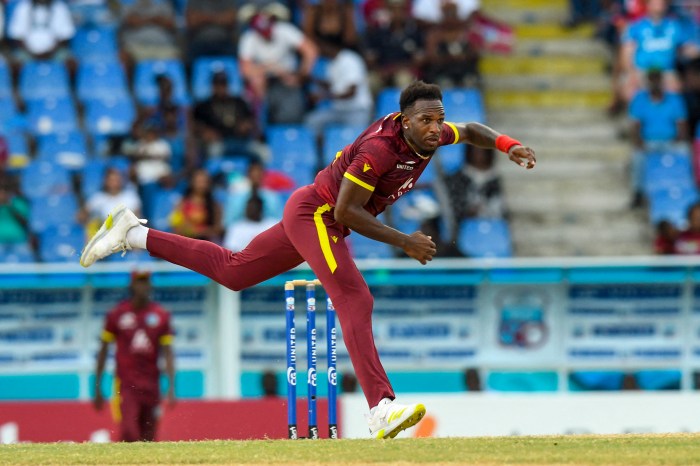 Matthew Forde of West Indies bowls during the 2nd ODI between West Indies and England at Vivian Richards Cricket Stadium in North Sound, Antigua and Barbuda, on Nov. 2, 2024.