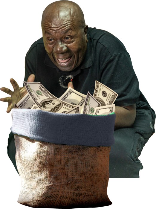 Jamaican comedian and actor, Dr. Oliver Samuels pictured with a sack full of money that will come into play as part his Northeaster Show "Luck Money."