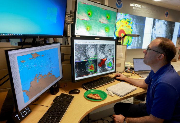 Brad Reinhart, Senior Hurricane Specialist at the National Hurricane Center, works on tracking Hurricane Beryl, the first hurricane of the 2024 season, at the National Hurricane Center on July 01, 2024 in Miami, Florida. On Monday afternoon, the storm, centered 30 miles west-northwest of Carriacou Island, became the strongest hurricane this early in the season in this area of the Atlantic.