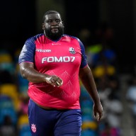 Rahkeem Cornwall of Barbados Royals ready to bowl during the Men's 2024 Republic Bank Caribbean Premier League match 18 between Barbados Royals and Saint Kitts and Nevis Patriots at Kensington Oval on Sept.17, 2024 in Bridgetown, Barbados.