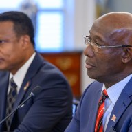 Trinidad and Tobago Prime Minister Keith Rowley (R) takes part in a meeting with US Secretary of State Antony Blinken in the Jefferson Room of the State Department in Washington, DC on Jan. 29, 2024.