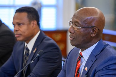 Trinidad and Tobago Prime Minister Keith Rowley (R) takes part in a meeting with US Secretary of State Antony Blinken in the Jefferson Room of the State Department in Washington, DC on Jan. 29, 2024.