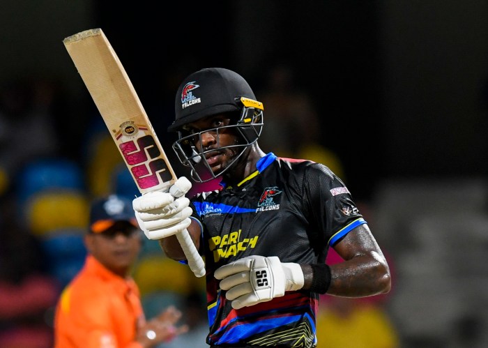 Justin Greaves of Antigua and Barbuda Falcons celebrates his half century during the Men's 2024 Republic Bank Caribbean Premier League match 13 between Barbados Royals and Antigua and Barbuda Falcons at Kensington Oval on Sept. 11, 2024 in Bridgetown, Barbados.