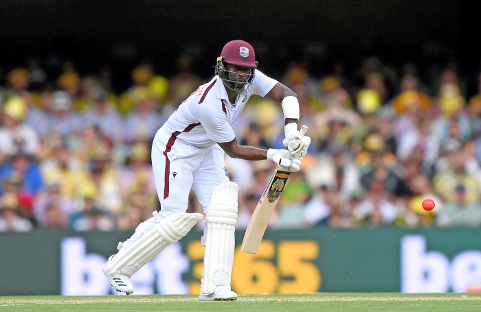 Kemar Roach of the West Indies plays a shot during day two of the Second Test match in the series between Australia and West Indies at The Gabba on Jan. 26, 2024 in Brisbane, Australia.