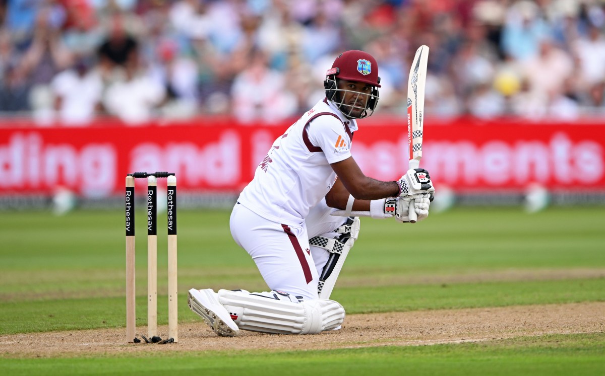 West Indies batsman Kraig Brathwaite hits out during day one of the 3rd Test Match between England and West Indies at Edgbaston on July 26, 2024 in Birmingham, England.