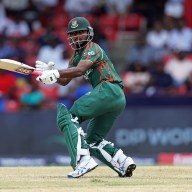 Jaker Ali of Bangladesh in action during the ICC Men's T20 Cricket World Cup West Indies & USA 2024 match between Bangladesh and Netherlands at Arnos Vale Ground on June 13, 2024 in St. Vincent, Saint Vincent and The Grenadines.