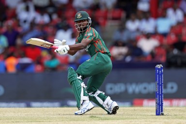 Jaker Ali of Bangladesh in action during the ICC Men's T20 Cricket World Cup West Indies & USA 2024 match between Bangladesh and Netherlands at Arnos Vale Ground on June 13, 2024 in St. Vincent, Saint Vincent and The Grenadines.