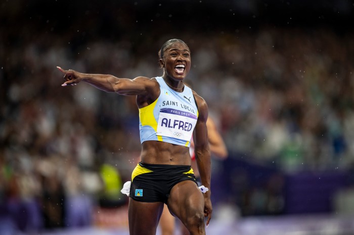 Julien Alfred of Team Saint Lucia celebrates winning the gold medal during the Women's 100m Final on day eight of the Olympic Games Paris 2024 at Stade de France on Aug. 3, 2024 in Paris, France.