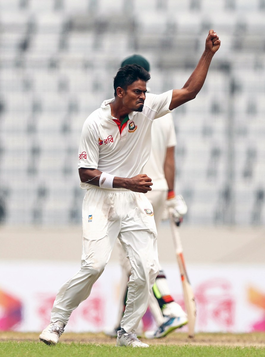 Taijul Islam of Bangladesh celebrates taking the wicket of Ashton Agar of Australia during day four of the First Test match between Bangladesh and Australia at Shere Bangla National Stadium on Aug. 30, 2017 in Mirpur, Bangladesh.